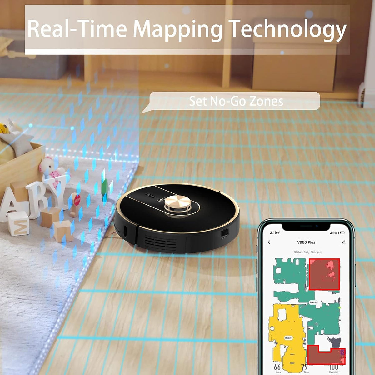 Uoni V980Plus Robotstofzuiger met zelfledigende vuilnisbak, Lidar Navigatie Robotstofzuigers Multi-Floor Mapping 2700Pa Sterke Zuig met No-Go Zones 190 Mins Runtime voor Huisdier Haar (Goud-V980 Set)