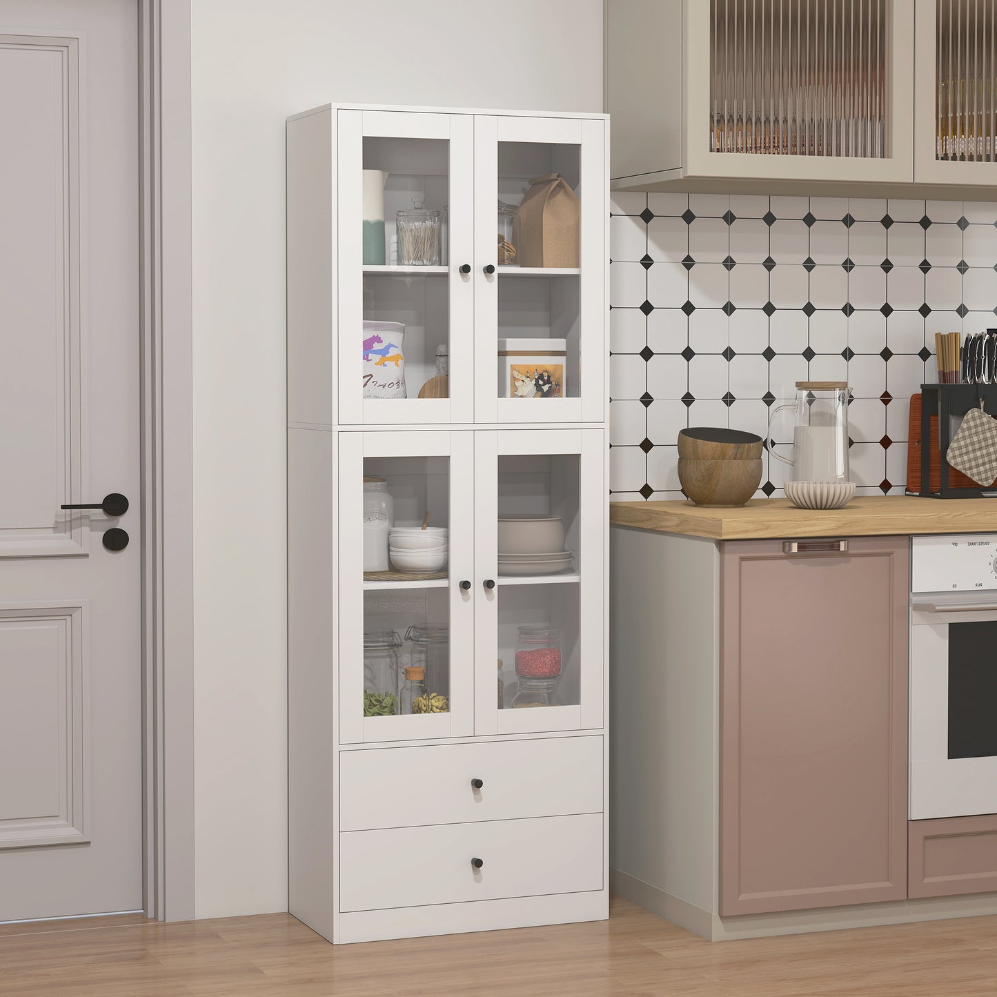 Keukenkast – Kast – Opbergmeubel – Dressoir – Ladekast – Wit – Glazen Deuren – Melamine Afwerking – Elektriciteitsvrij