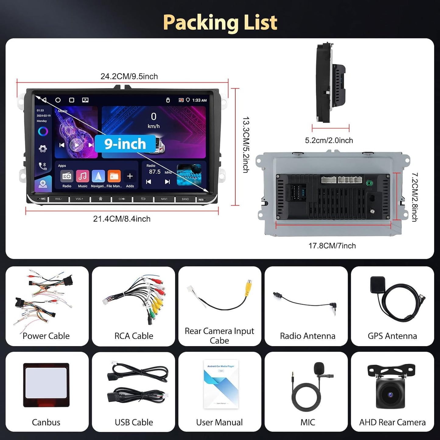 Autoradio – Android Autoradio – 2-DIN Radio – Multimedia Stereo – Touchscreen Radio – 9" HD Scherm – Draadloze CarPlay & Android Auto – Android 15.0 met 4G + 64GB geheugen