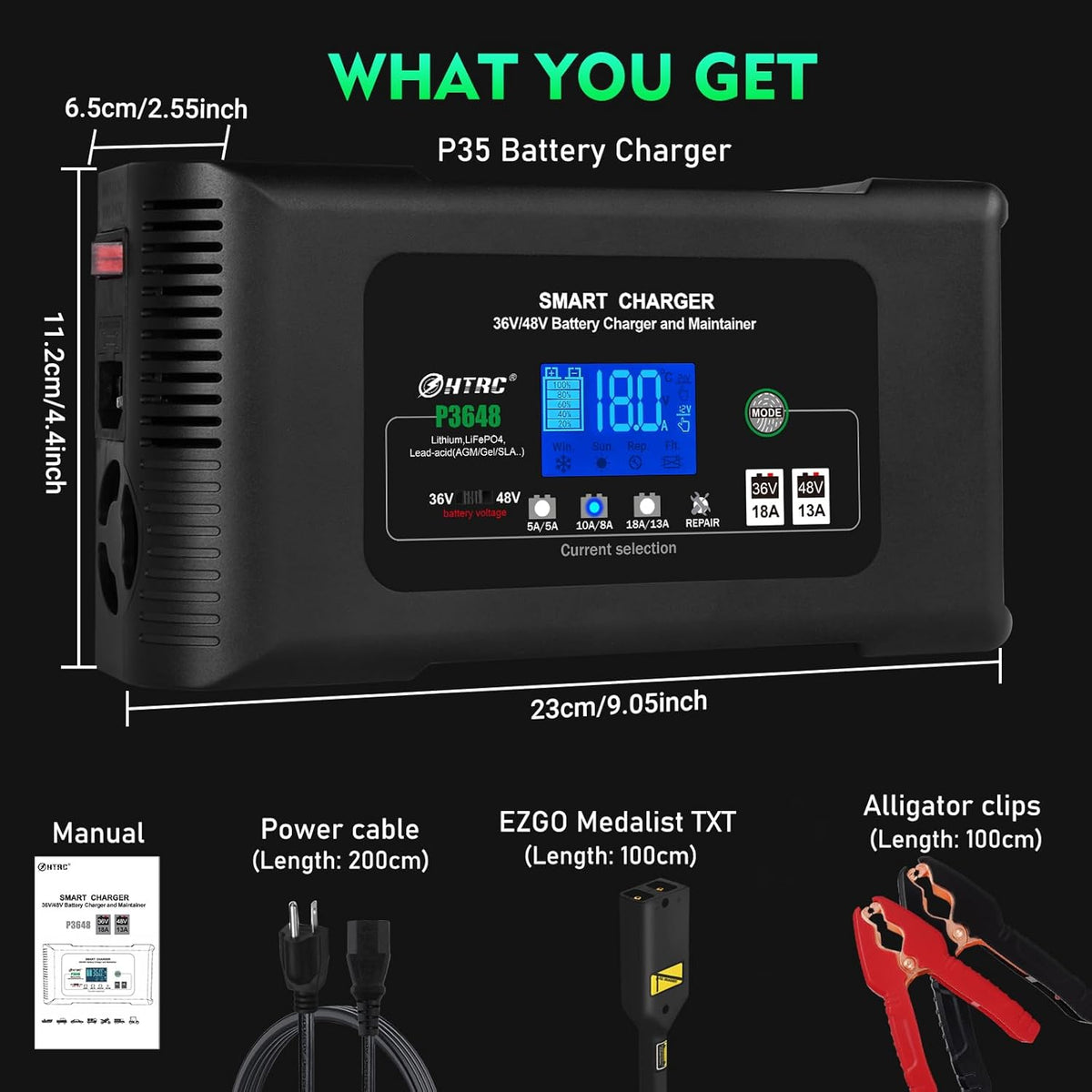 Acculader – Autoaccu Lader – Druppellader – Onderhoudslader – Batterijlader – Slimme Snelle Oplader – 9-Traps Ontzwaveling – 36V 18A & 48V 13A Laadvermogen