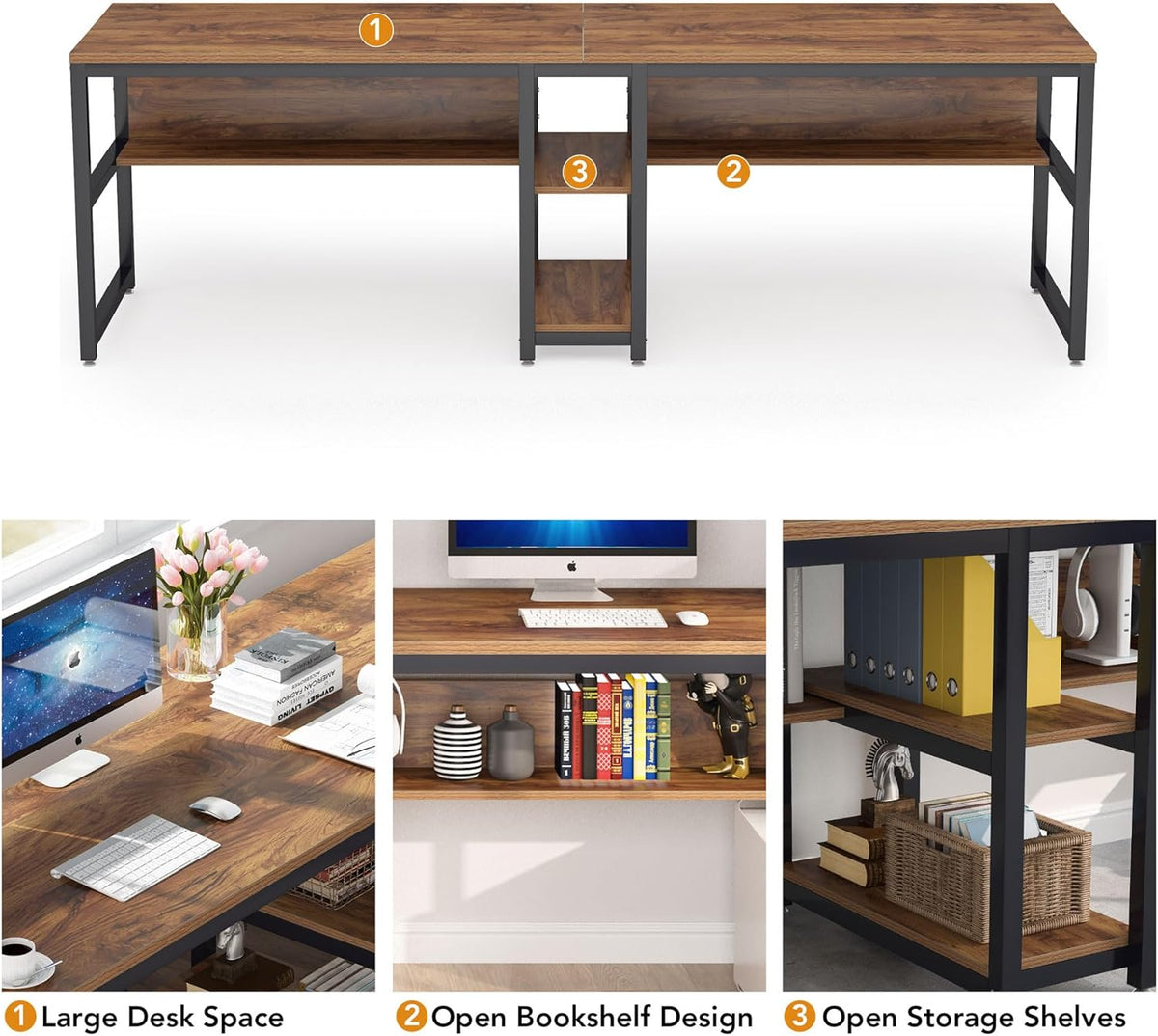 Tribesigns Double Desk with Bookshelf, 78.7 Computer Office Double Desk for Two People, Rustic Writing Desk Workstation with Shelf for Home Office (Brown)