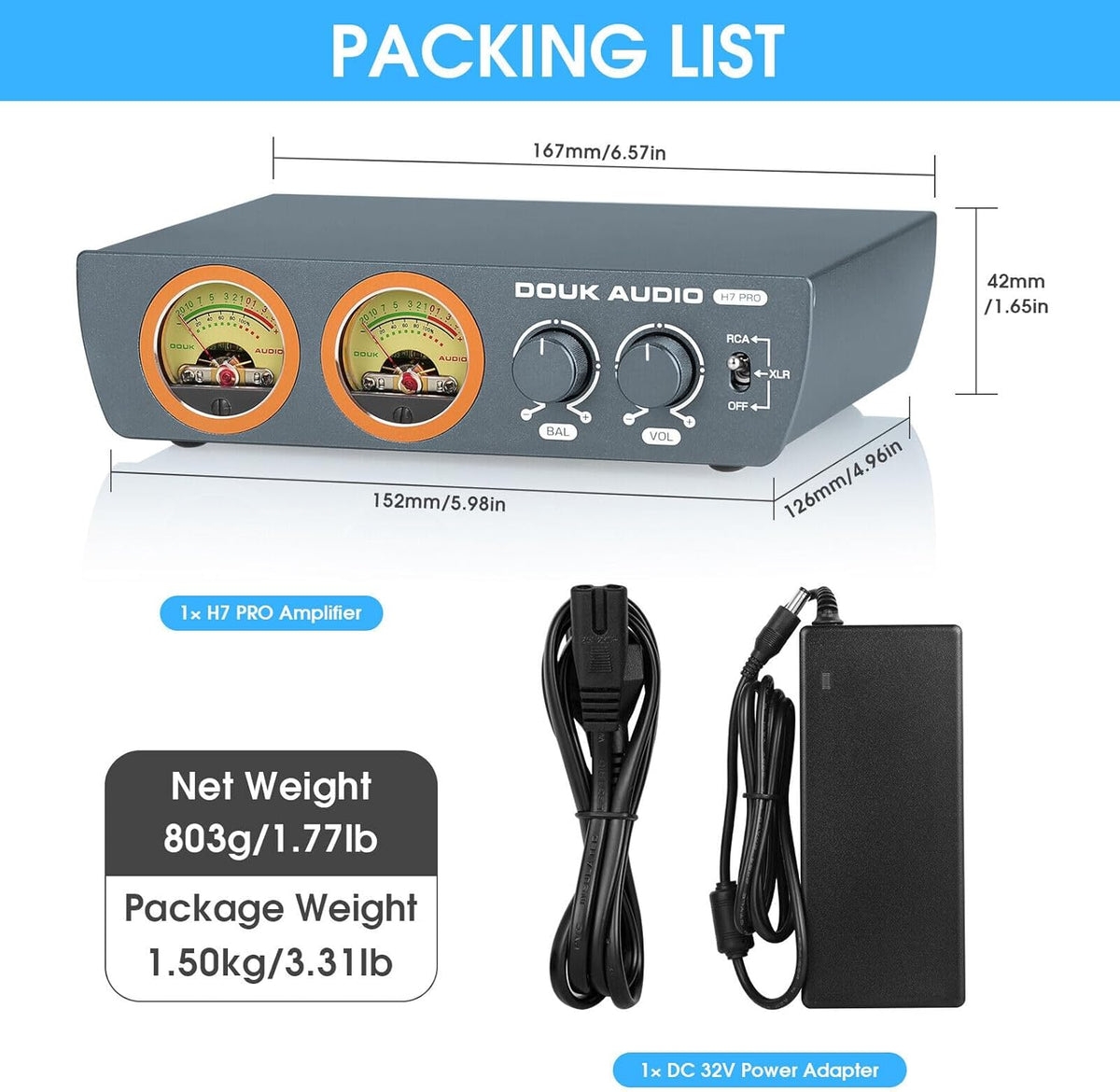 Douk Audio H7PRO TPA3255 Digitale hifi-versterker met VU-meter, 300 W, home stereo versterker