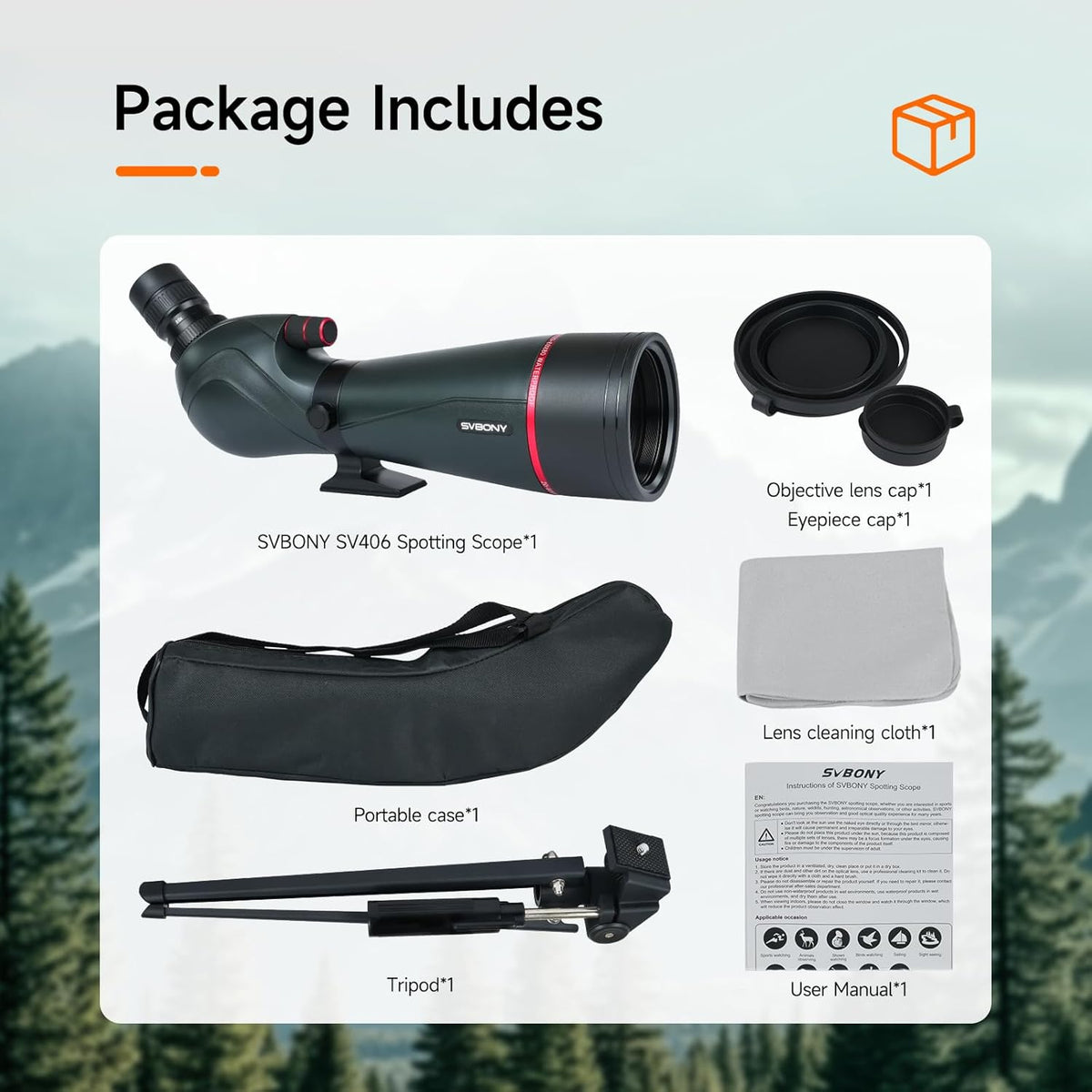 Svbony SV406 20-60x80mm Spotting Scope, HD FMC BAK4, Dubbele Focus, 1,25'' Verwijderbaar Oculair, IPX7 Waterdicht, met Statief, Draagtas, voor Vogels Kijken, Wildlife, Landschap