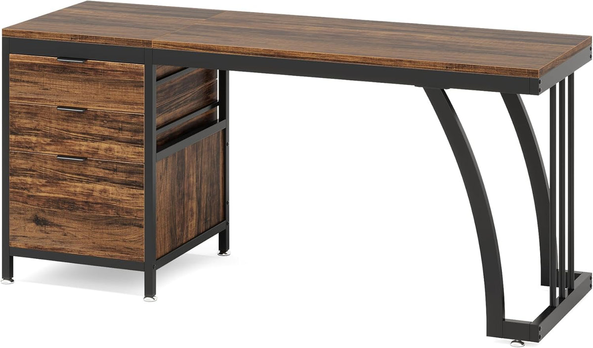 Tribesigns Computer Table with 3 Drawers, 150cm, PC Desk with Reversible Drawers, Industrial Desk with File Drawer for Home Office, Rustic Brown