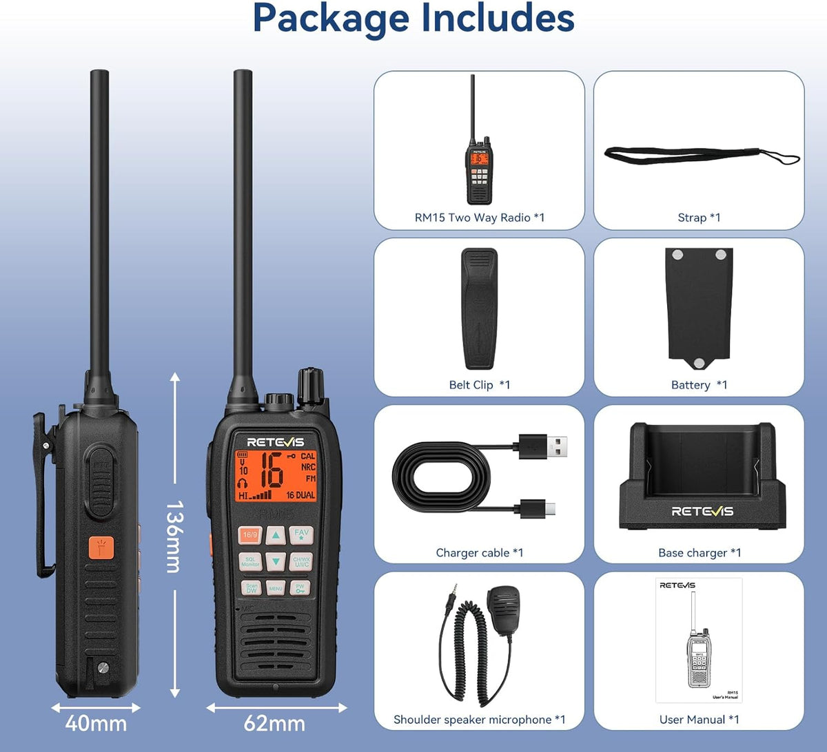 Retevis RM15 VHF Maritieme Radio, IP68 Waterdichte Walkietalkie met Microfoon, 2000 mAh, Tweekleurig Scherm, Internationale Maritieme Kanalen, voor Vissersboten (1 Verpakking)