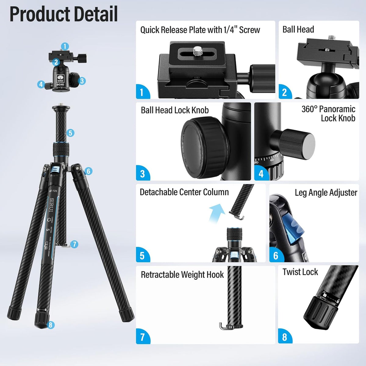 SIRUI Reisstatief van koolstofvezel met 360 ° kogelkop, 151,9 cm compact camerastatief met snelsluiting, omgekeerde inklapbare poten, omkeerbare middenkolom, max. belasting 7,7 kg - Traveler X-III