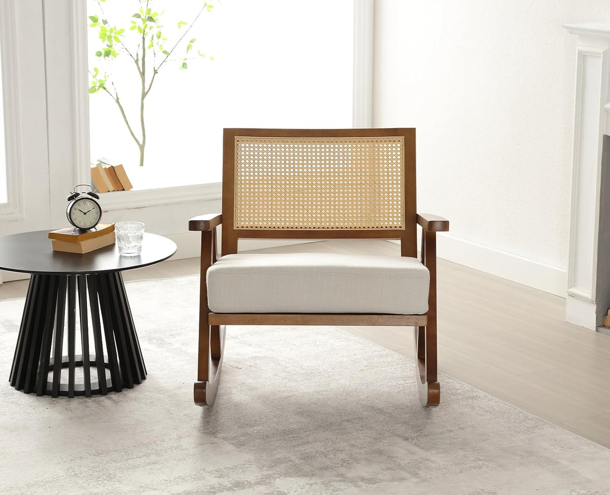 chairus Upholstered Rocking Chair for Living Room Linen Relax Chair with Rattan Backrest Leisure Lounge Recliner with Solid Wood Legs Bedroom (Brown)