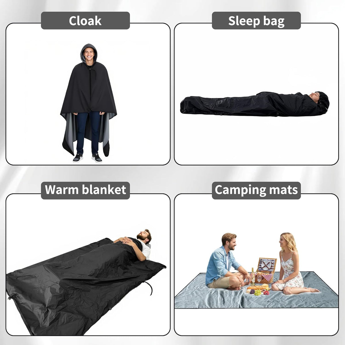 Picknickdeken, 150 x 200 cm, campingdeken, ultralicht, warm, outdoor deken, waterdichte slaapdeken met Crystal Velvet voering, draagbare slaapzak, winddichte poncho voor reizen, stadion, concerten