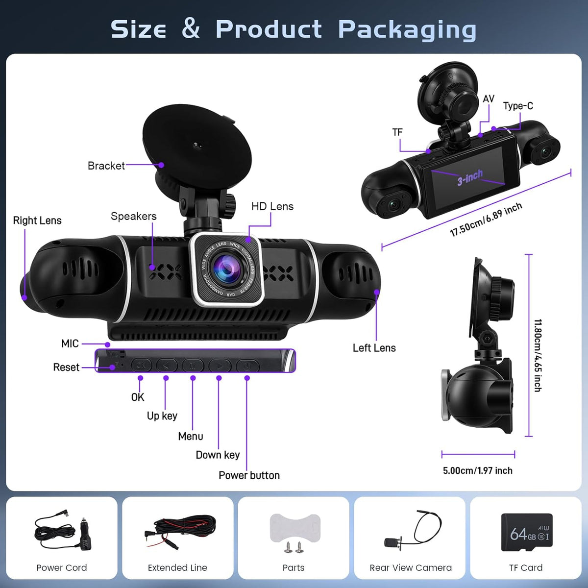 Hikity 4-kanaals dashcam, wifi dashcam 2K voor en 1080p achter binnen links rechts met 3 inch scherm, autocamera met 64 GB kaart wifi, G-sensor, loop-opname, nachtzicht, parkeerbewaking, 360°