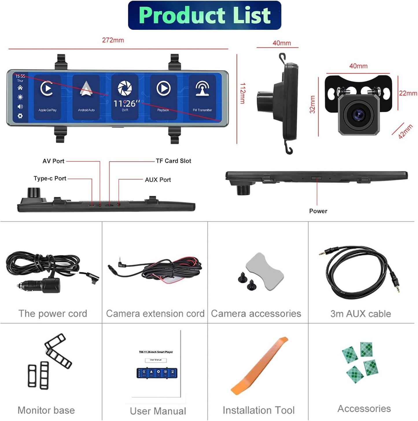 Podofo Draadloze Apple Carplay Android autospiegel, dashcam met HD achteruitrijcamera, 11,26 inch IPS-touchscherm, dual 1080p achteruitkijkspiegel, 2 gedeelde beeldschermen
