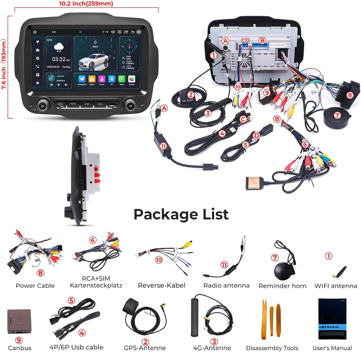 Android 14.0 Autoradio voor Jeep Renegade 2015-2020 met 9 Inch Touchscreen GPS Navigatie Radio Ondersteuning 4G DSP TPMS OBD Draadloze Carplay/Android Auto 4+64GB