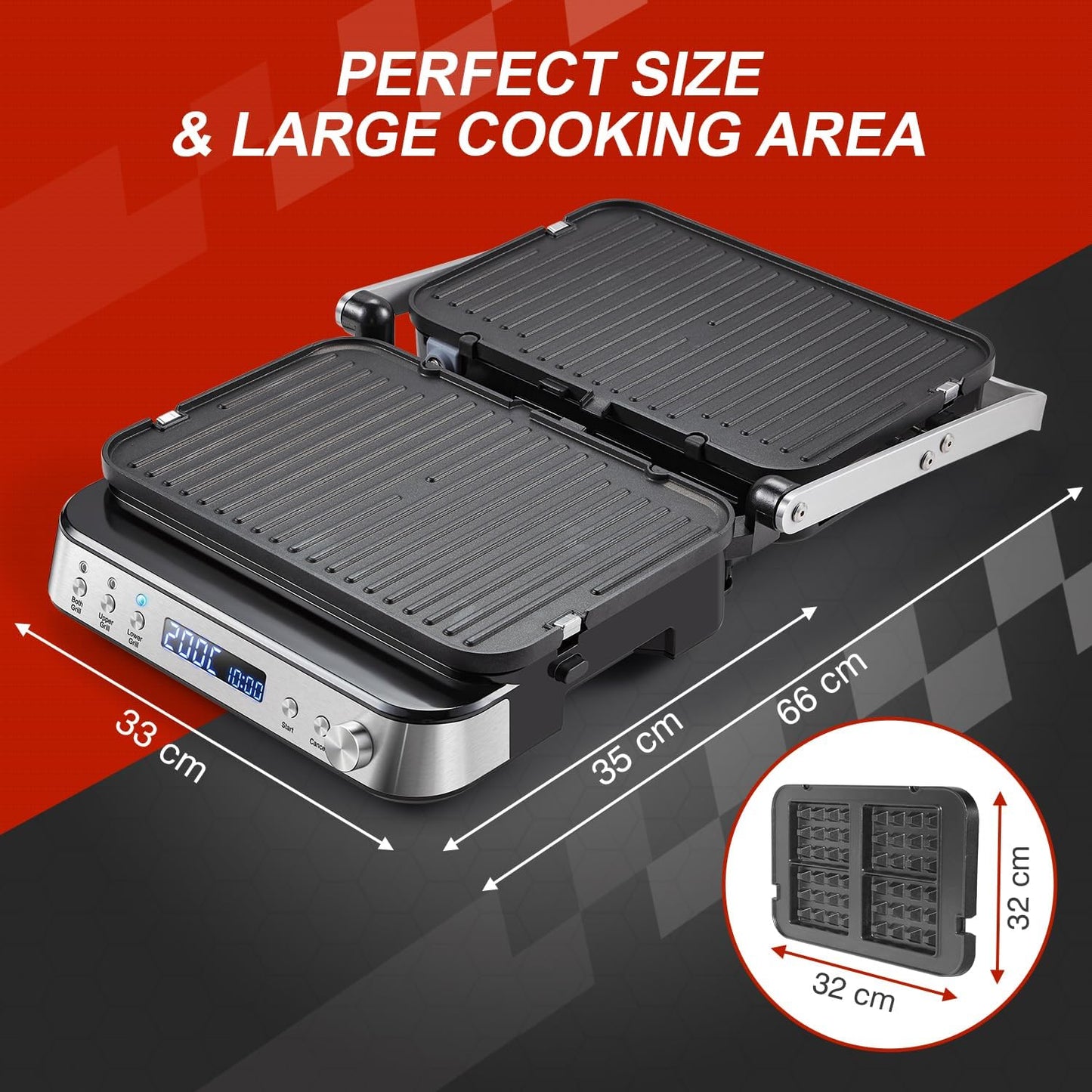 AMZCHEF 4-in-1 machine (contactgrill, Griddle, wafelijzer, sandwichmaker), 2000 W, met 4 afneembare platen met antiaanbaklaag, met vrij instelbare tijd en temperatuur, zwart en zilver
