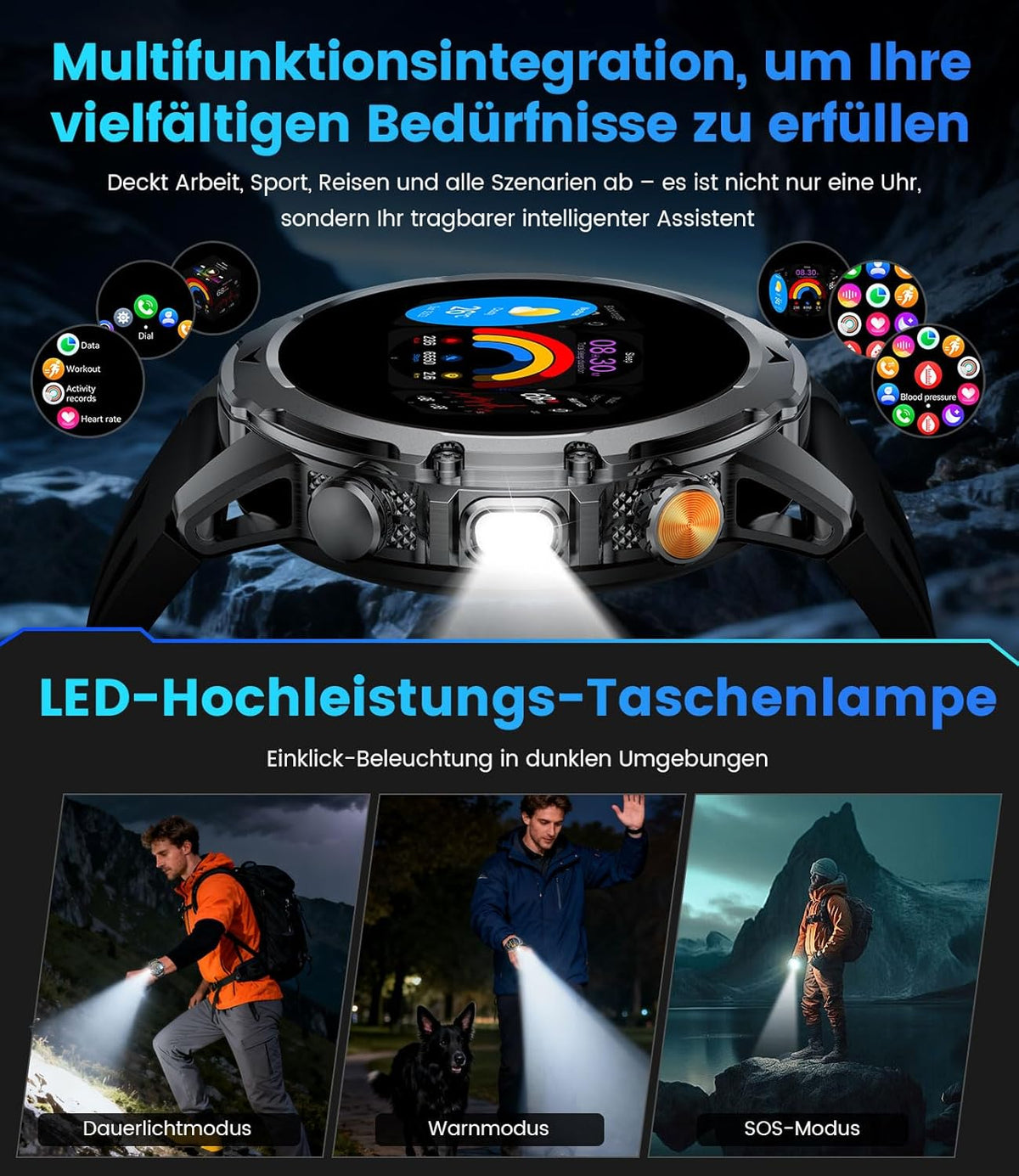 Smartwatch voor heren met oproepen/1000 mAh accu voor Android iOS, 1,53 inch HD groot touchscreen, militair smartwatch met 24 uur hartslag/110 sportmodi, IP68 waterdichte zaklamp, fitnesshorloge, 3