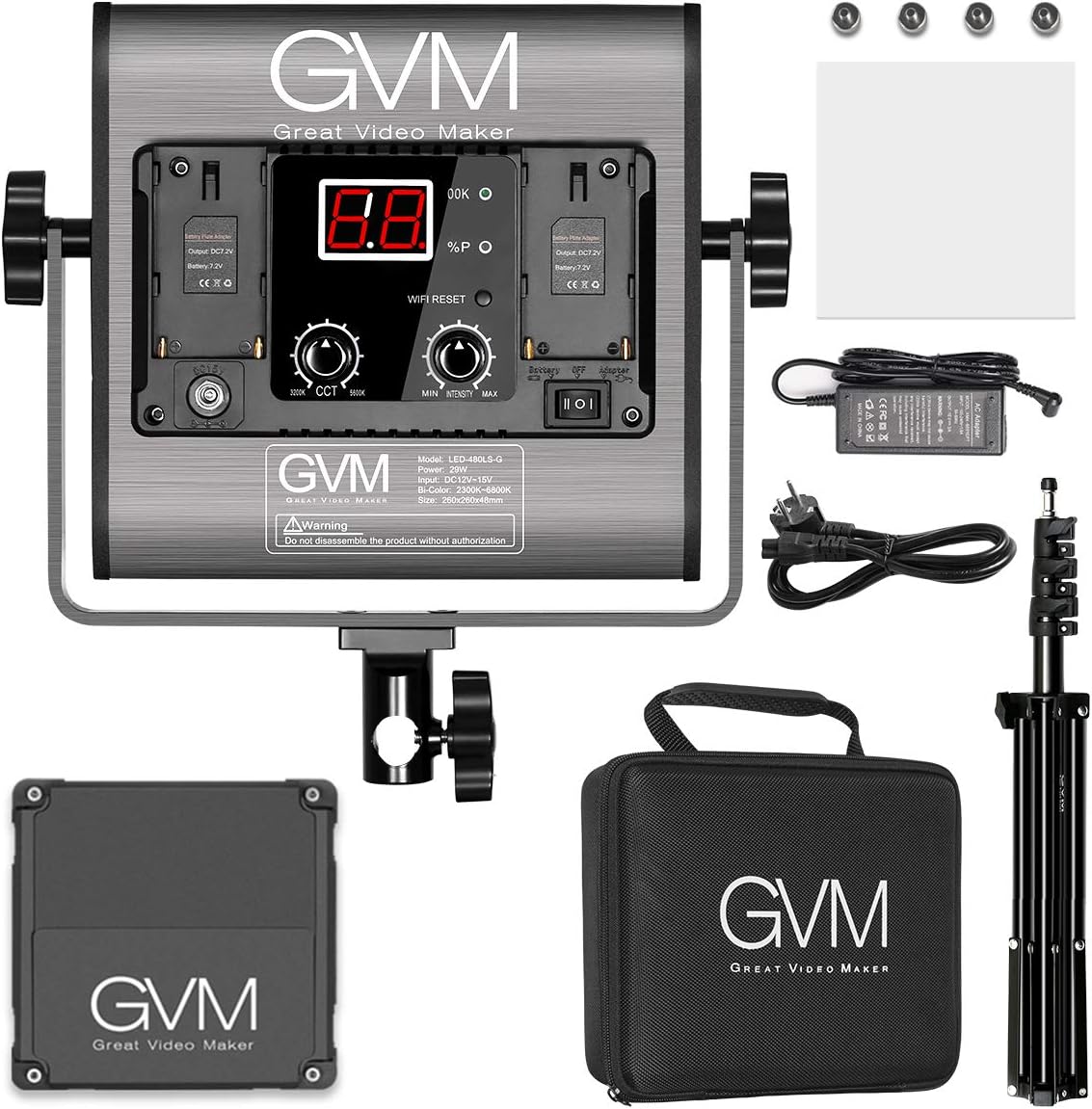 GVM 480 LED videolamp met statief, dimbare 2300K-6800K tweekleurige LED videoverlichting met APP-bediening, LED fotografie continu licht voor studiolicht voor studio YouTube videostudioset, videolamp