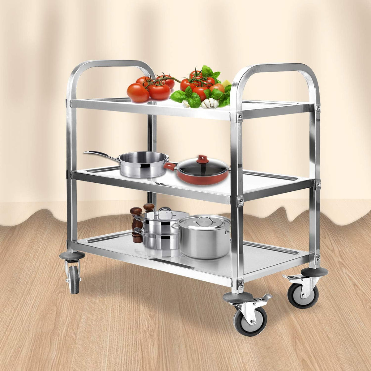 uyoyous Serveerwagen, 95 x 50 x 95 cm, roestvrij staal, 3 planken, keukenwagen, transportwagen, roestvrij staal, met 4 360° draaibare wielen (2 x rembaar) voor restaurant, keuken of hotel