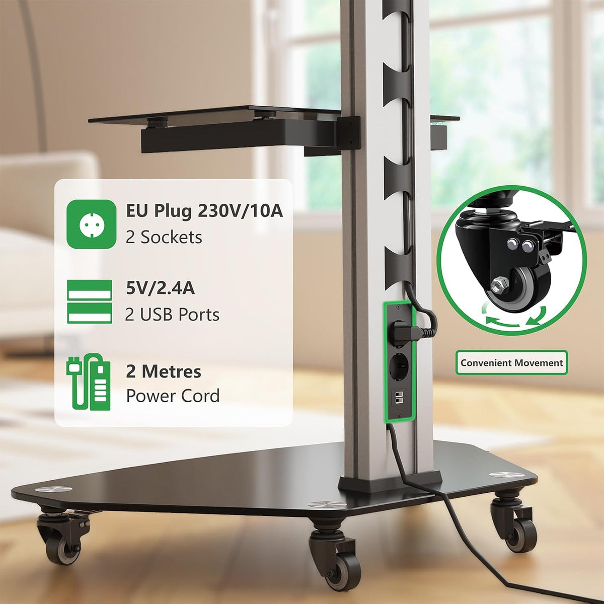 Proton 300 Mobiele tv-standaard met plank, stopcontacten, USB-poorten, hoogte 191 cm, portretformaat 32-75 inch, 40 kg, aluminium zwart