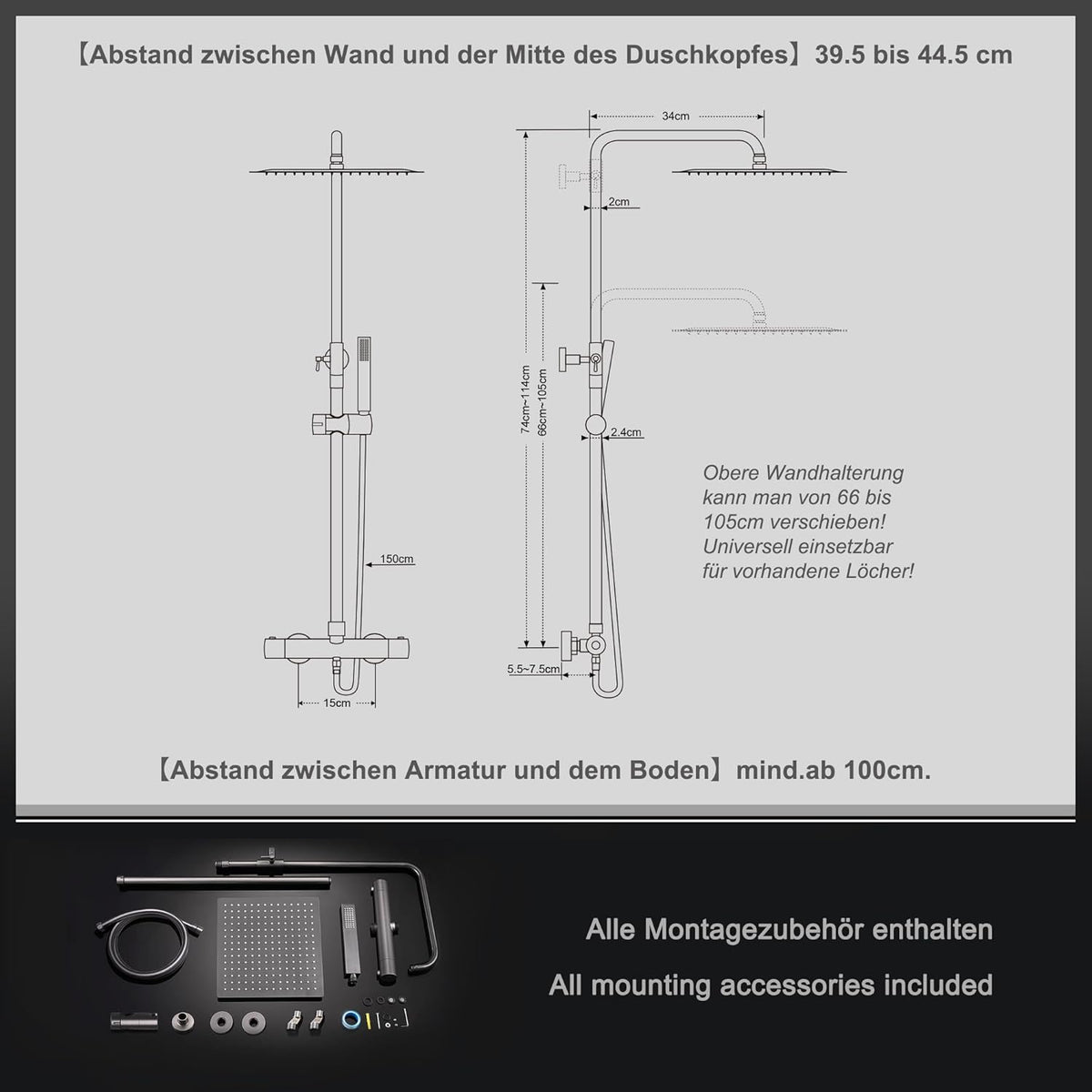 Görbach Thermostaat douchesysteem met douchearmatuur, complete set, regendouche, doucheset met roestvrijstalen douchestang, douchekop 25 x 25 cm, gunmetal grijs
