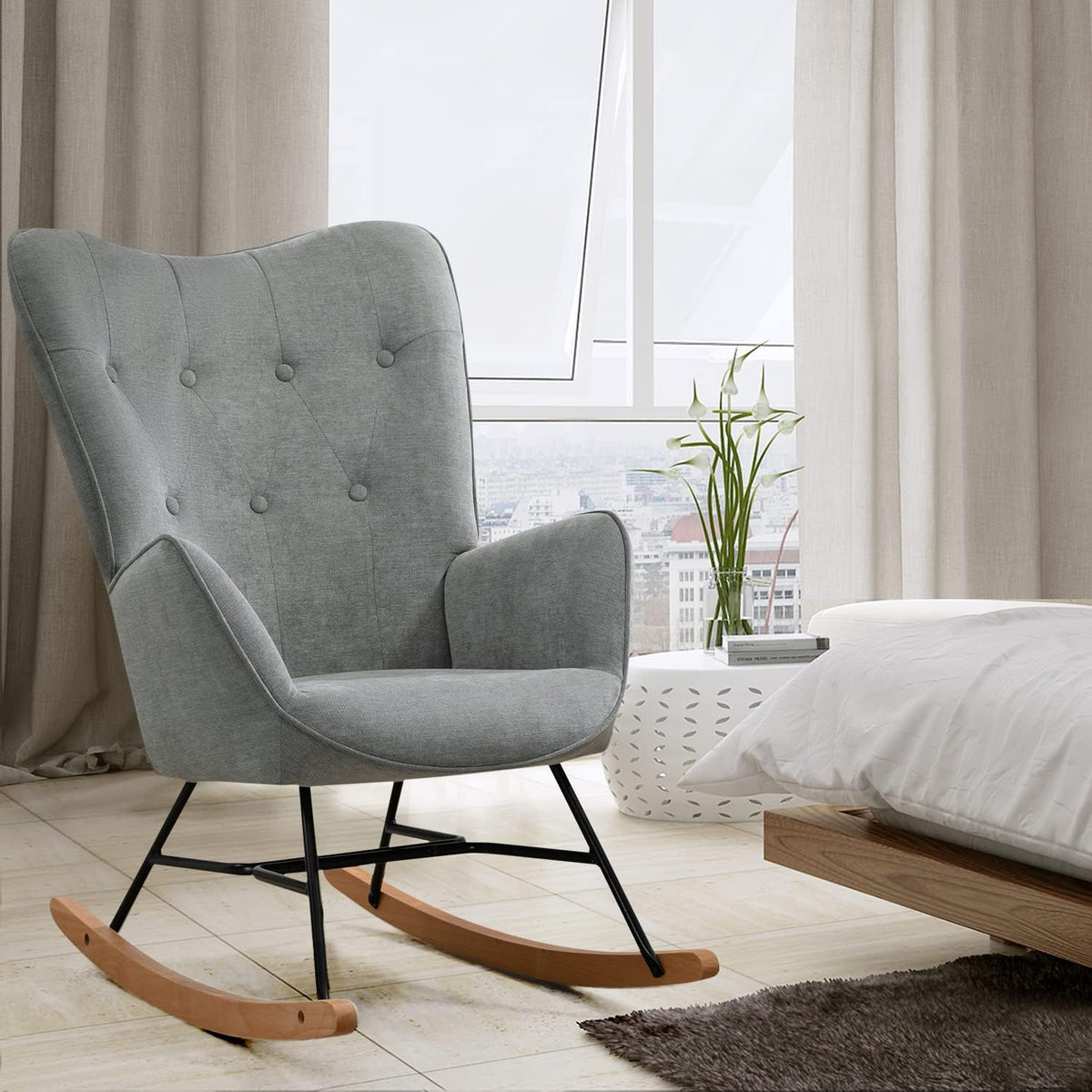 MEUBLE COSY Schommelstoelen, Scandinavische borstvoedingsschommelstoel Vrije tijds- en ruststoel van stof met E' houten metalen poten voor woonkamer, slaapkamer, massief, grijs, 66x84x97cm