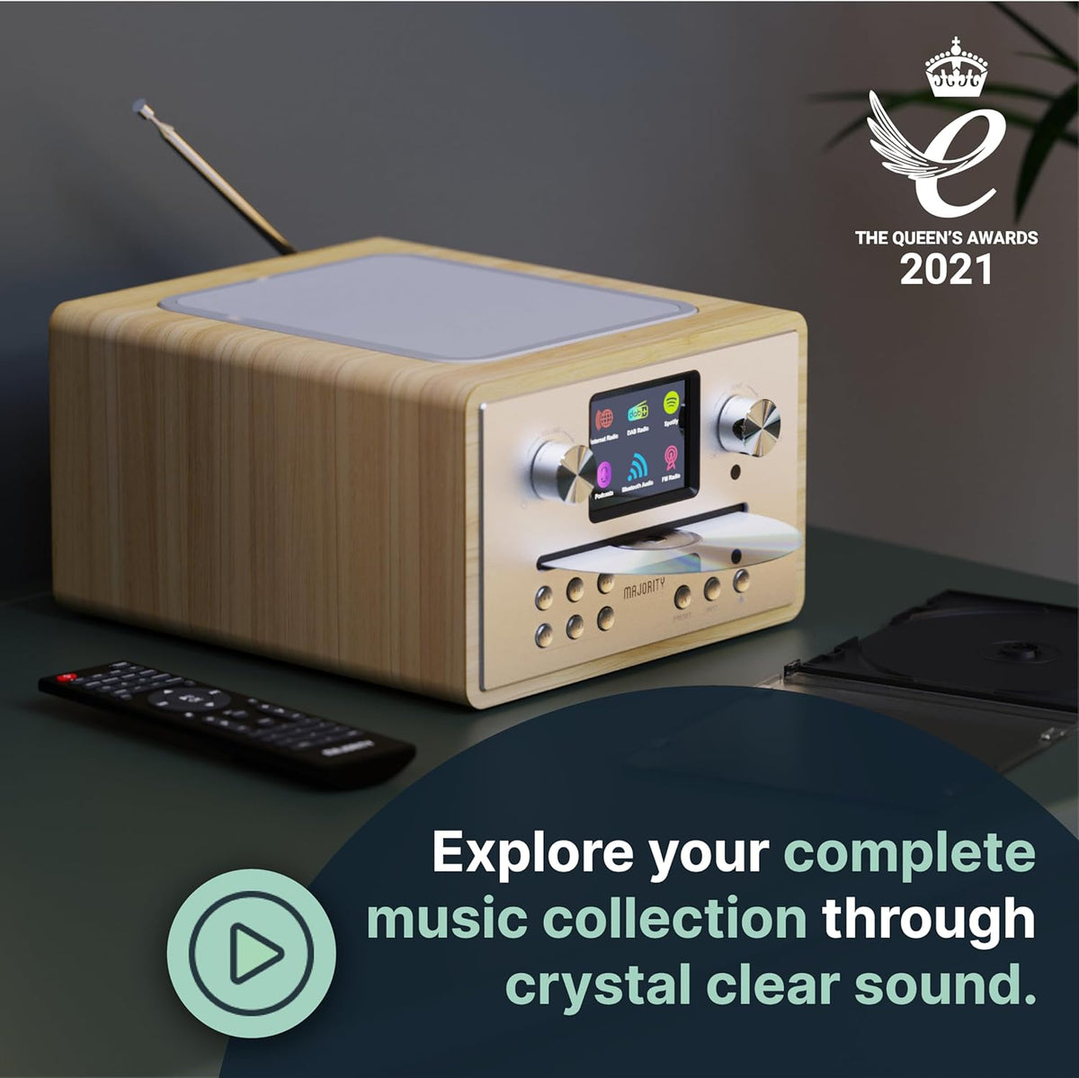 Majority Homerton Internetradio met CD-Speler & DAB+ | Bluetooth, Spotify Connect, FM-Radio, Podcasts | 90 Zenderpresets, Dubbel Alarm, EQ | Full Colour Display & Afstandsbediening | Eikenhout Design