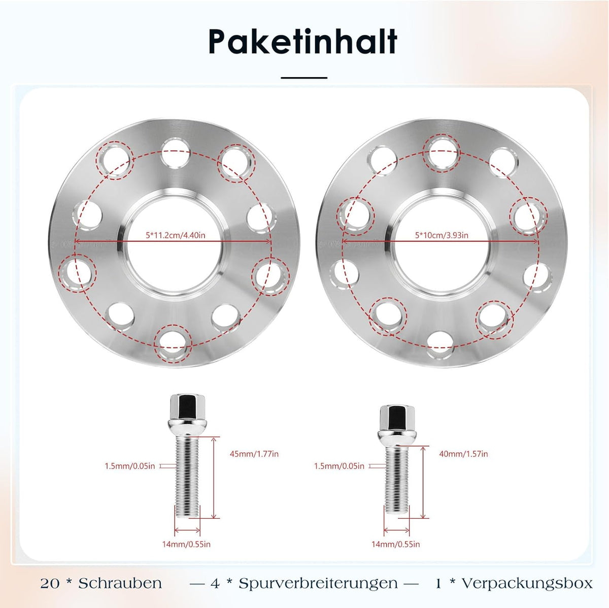 4 stuks 15mm & 20mm spoorverbredingsafstandsschijven set LK: 100/5+112/5 NLB: 57,1 met 20 stuks wielbouten M14x1,5 40/45mm voor VW Golf