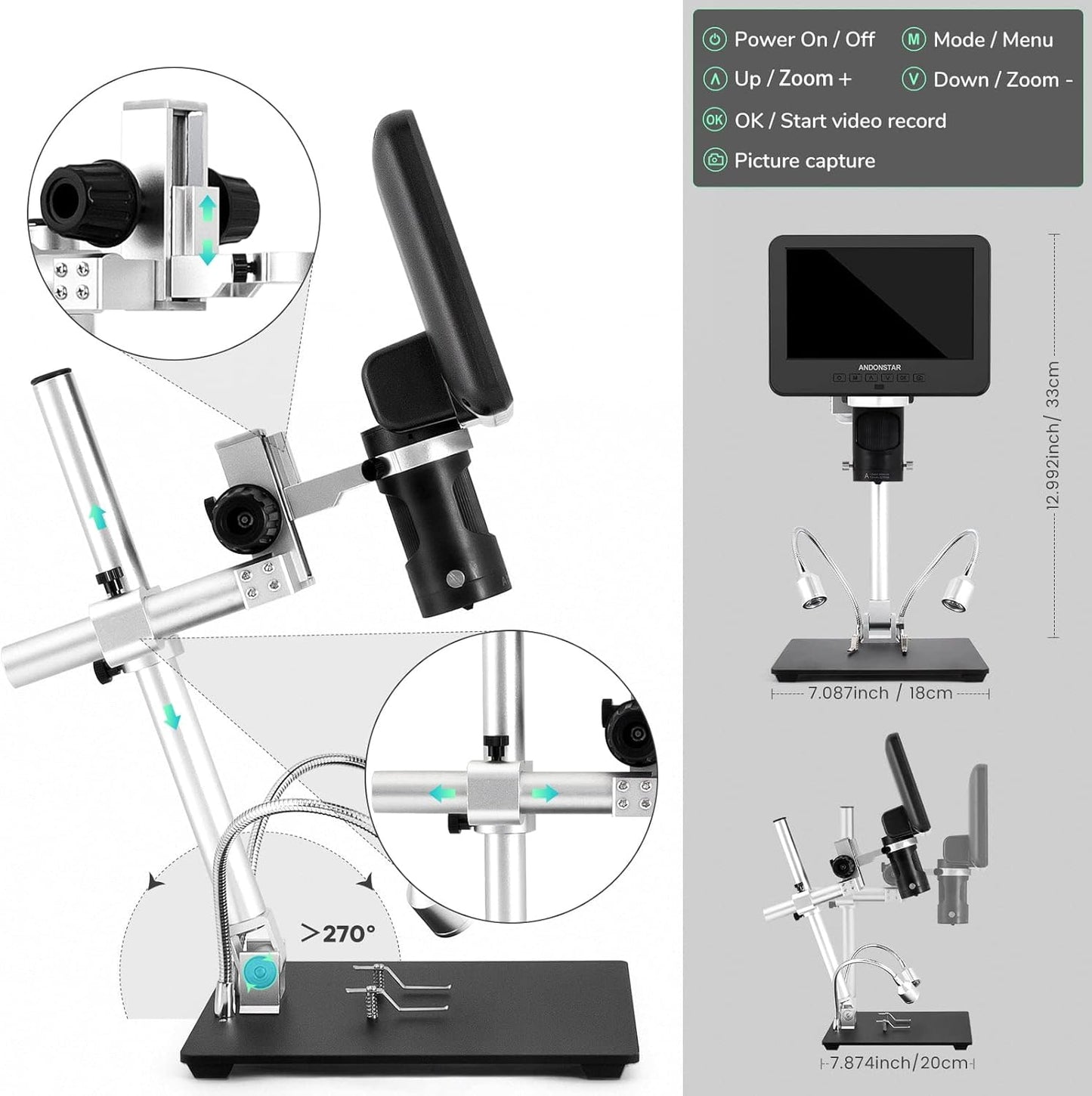 Andonstar AD246-M Digitale Microscoop - 3 Lens Solderen, Elektronisch, Munt, Biologische Kit - 1080P FHD Video Record, 7 Inch LCD 500x, 32G Kaart