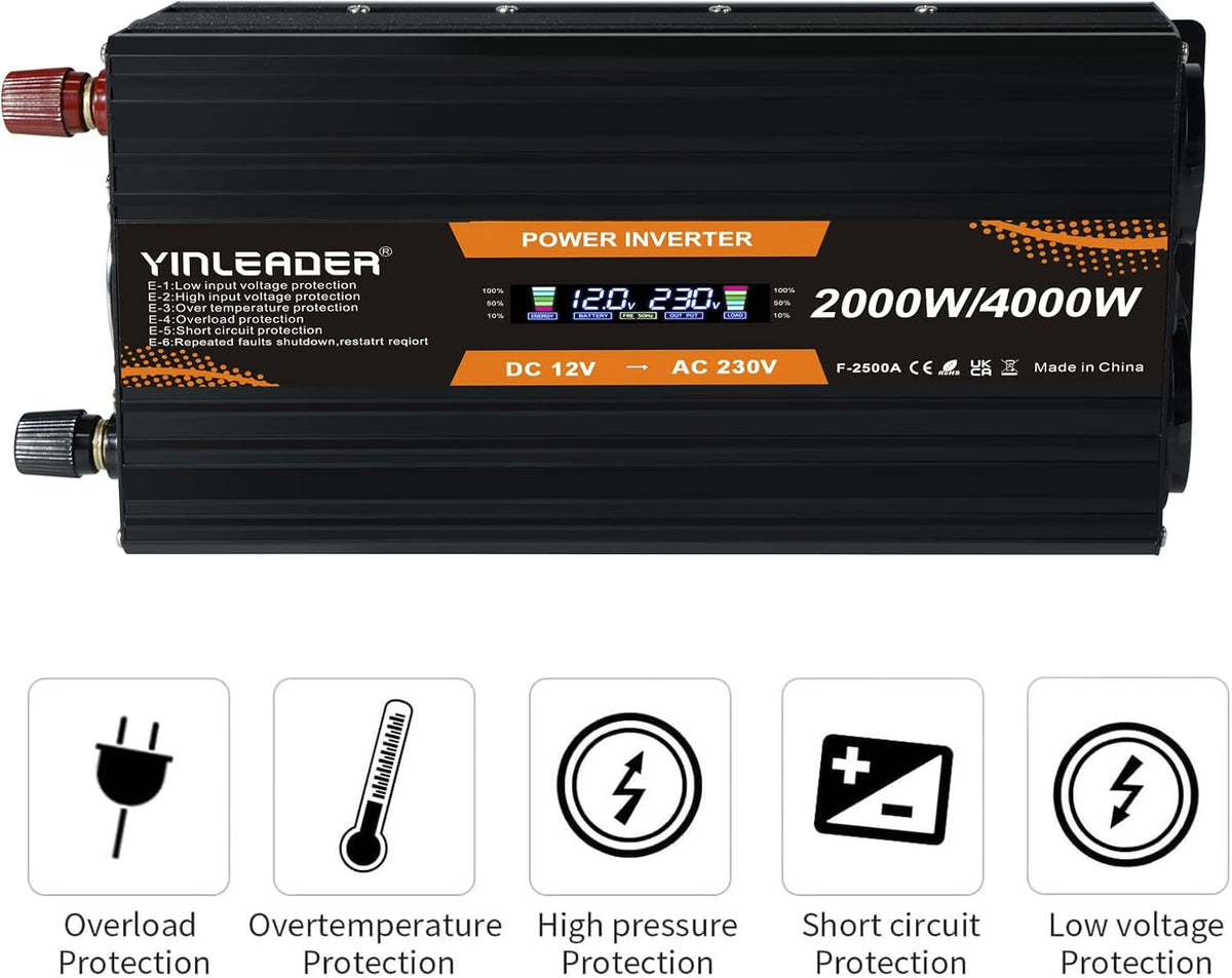 Omvormer 12V Naar 230V 2000W – Spanningsomvormer – Stroomomvormer – DC-AC Omvormer – Inverter – LCD-Display – 2 Stopcontacten En USB-Poorten