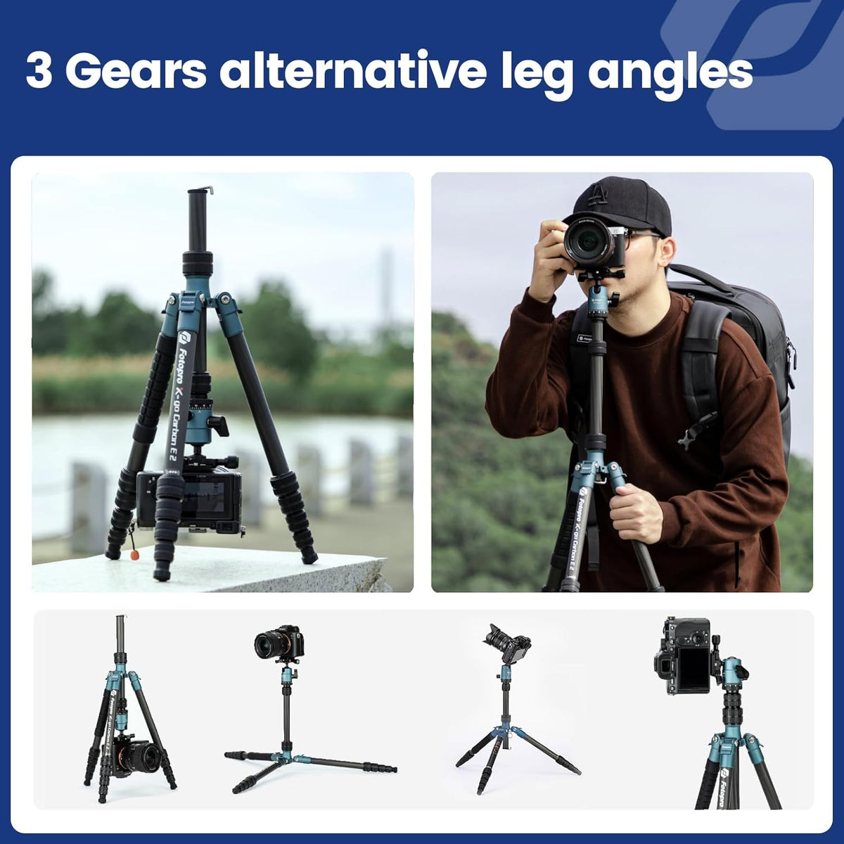 Fotopro 62 inch koolstofvezel reisstatief, compact camerastatief met kogelkop, afneembare monopod met Arca-Swiss snelkoppelingsplaat en tas, belastbaar tot 8 kg/17,63 lbs, blauw