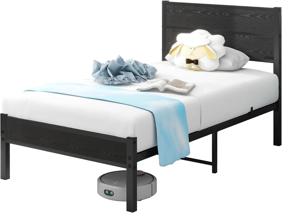 DUMEE Eenpersoonsbedframe met houten hoofdeinde en voetenplank, opbergruimte onder bed, zwart