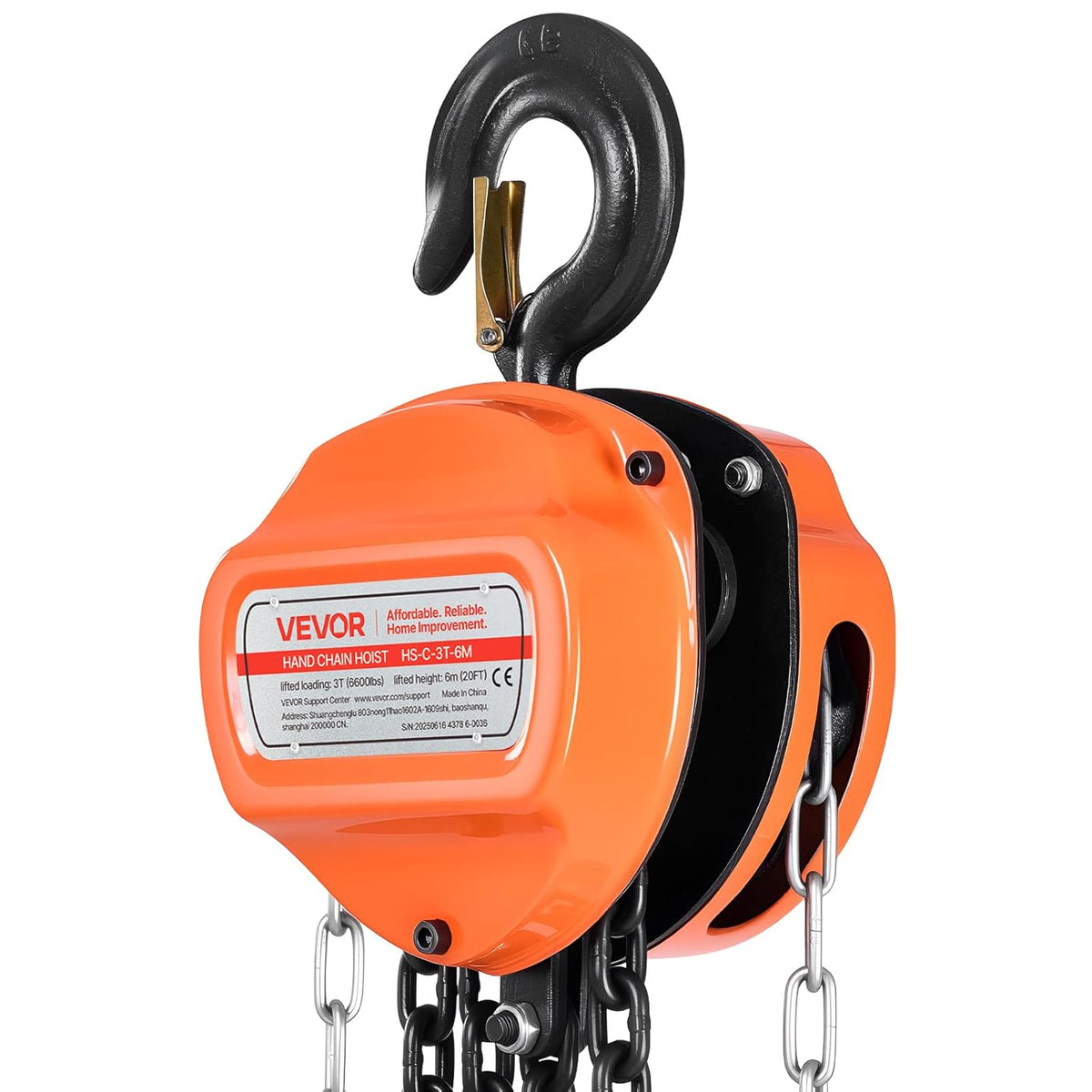 VEVOR Manual Drawstring, Capacity 3 T, with Galvanized Chain G80, Lift Height 6 m, Pulley with Pulley for Cars in Warehouse, Orange