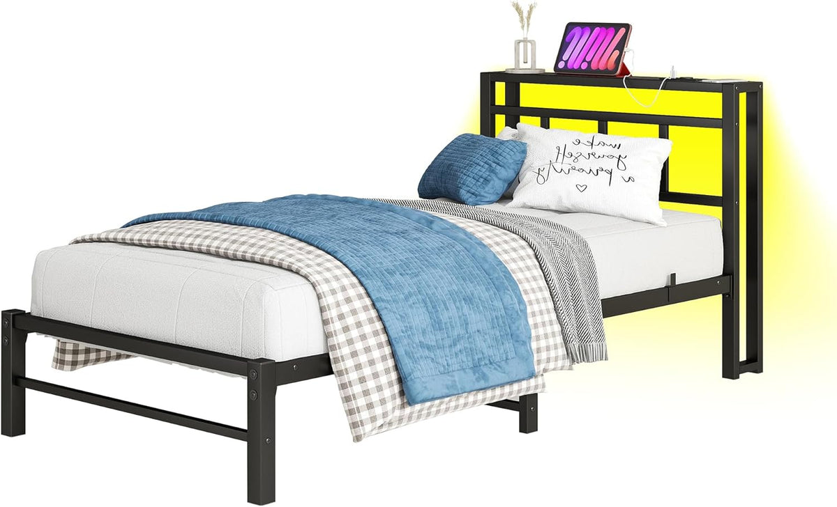 Bed 90 x 200 cm met lattenbodem van metaal, bedframe, 90 x 200 cm, met ledverlichting, metalen bed met stopcontact en 2 USB-oplaadfuncties, metalen bed met houten hoofdeinde, opbergruimte, bedframe