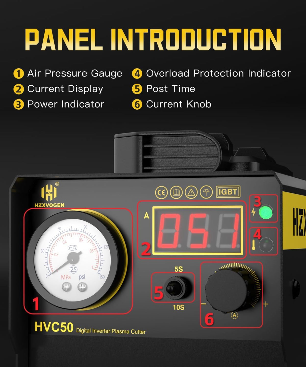 H HZXVOGEN Plasmasnijder, 50A Draagbare HF-luchtplasmasnijder met digitaal display en nabewerking, 230V DC IGBT-inverter, 1/3 inch schone snede voor beginners doe-het-zelf (HVC50)