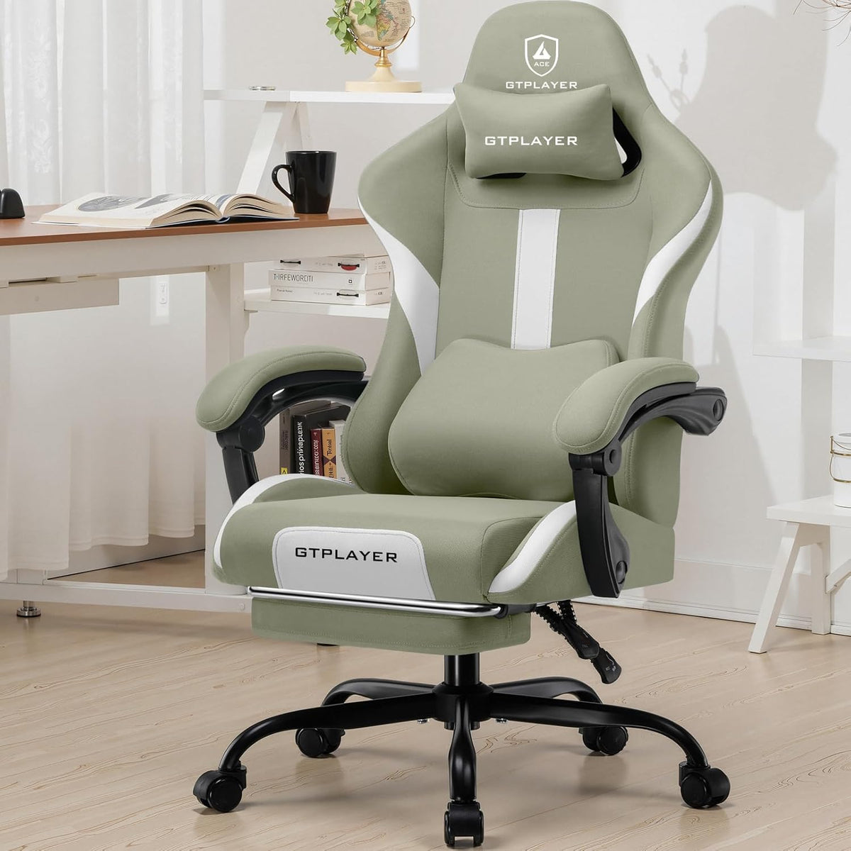 GTPLAYER Gaming stoel, bureaustoel, ergonomische gamingstoel met hoofdsteun en cloud-lendenkussen, gevoerde gamingstoel met voetensteun, draaistoel, 150 kg capaciteit, groen