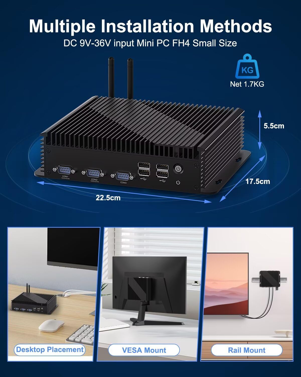 Mini PC – Mini Computer – Industrieel PC – Compact Desktop – Windows 11 Pro – Intel Core i5 1235U – 32GB DDR5 RAM – 1TB NVMe SSD – Ventilatorkoeling – 3x 4K Displays – 6x COM Poorten – WiFi 6 – 2x 2.5G LAN