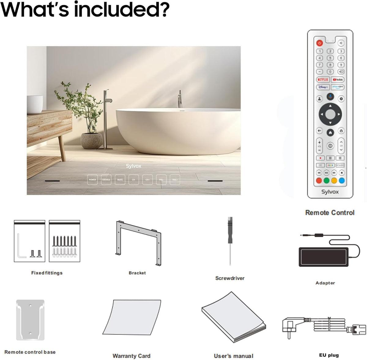 SYLVOX Smart Google Television 1080p FHD 500 nits spiegel, geïntegreerde montage, design tv, IP65 waterdicht, DVB-C/T2/S2, wifi, Bluetooth, voor douche, badkamer