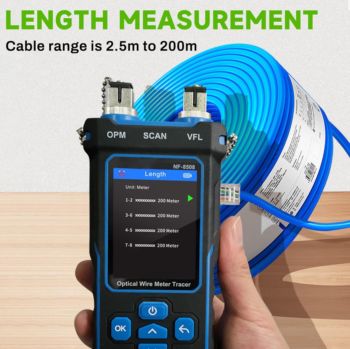 Netwerktester LAN tester met optische vermogensmeter CAT5 CAT6 netwerkkabeltester RJ11 RJ45 ethernet tester kabeltracking met NCV, poort flash, type C laadondersteuning.