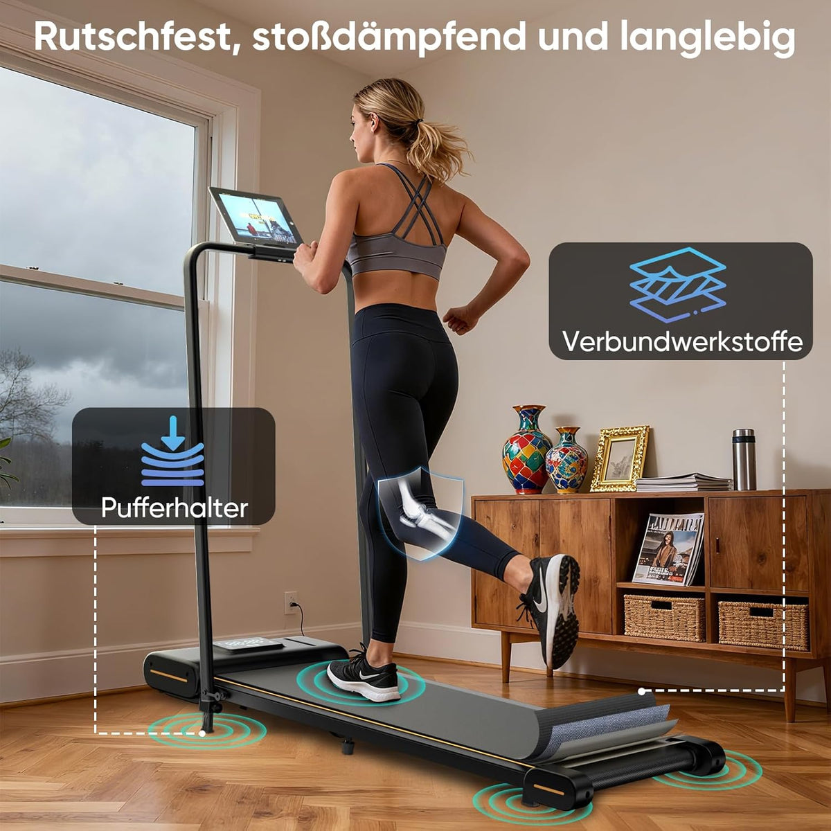 TISSCARE Treadmill for home and office, quiet walking path with improved tread 141.5 cm and 55.5 cm, 4% inclination function, 1-6 km/h, LED display, 130 kg load capacity, foldable treadmill with - QUORE