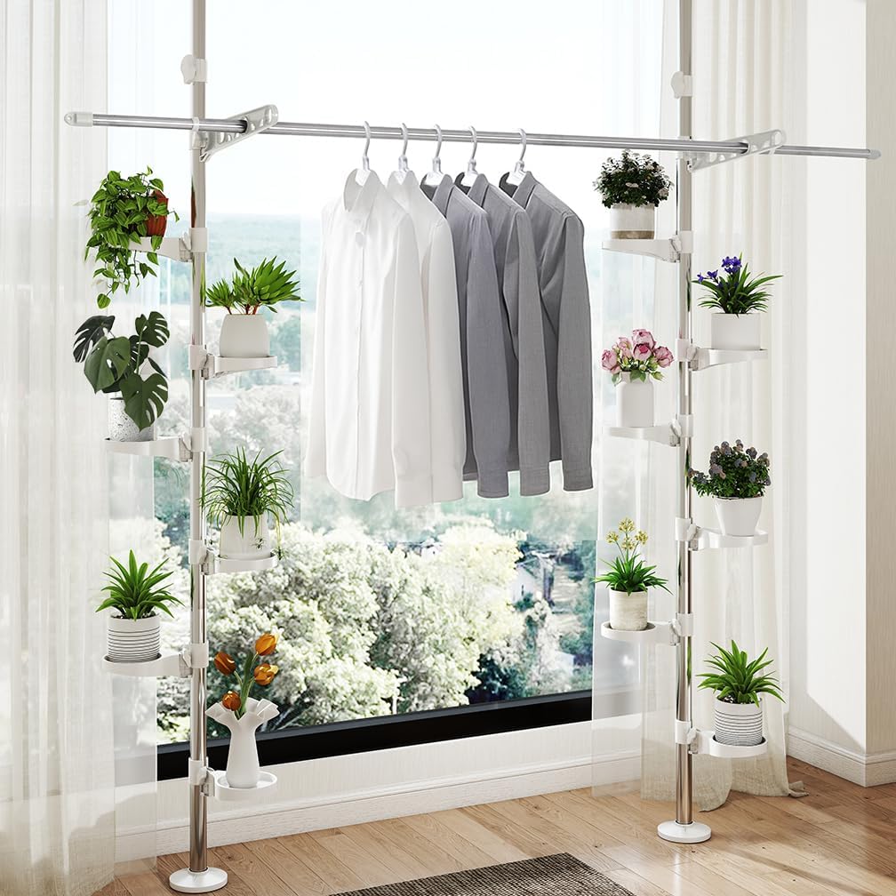 Verstelbare plantenstandaard met spanstang – Plantenrek – Hoekrek – Bloemendisplayrek – Opbergrek – Zonder boren, 12 plateaus, 2 haken en telescopische droogstang