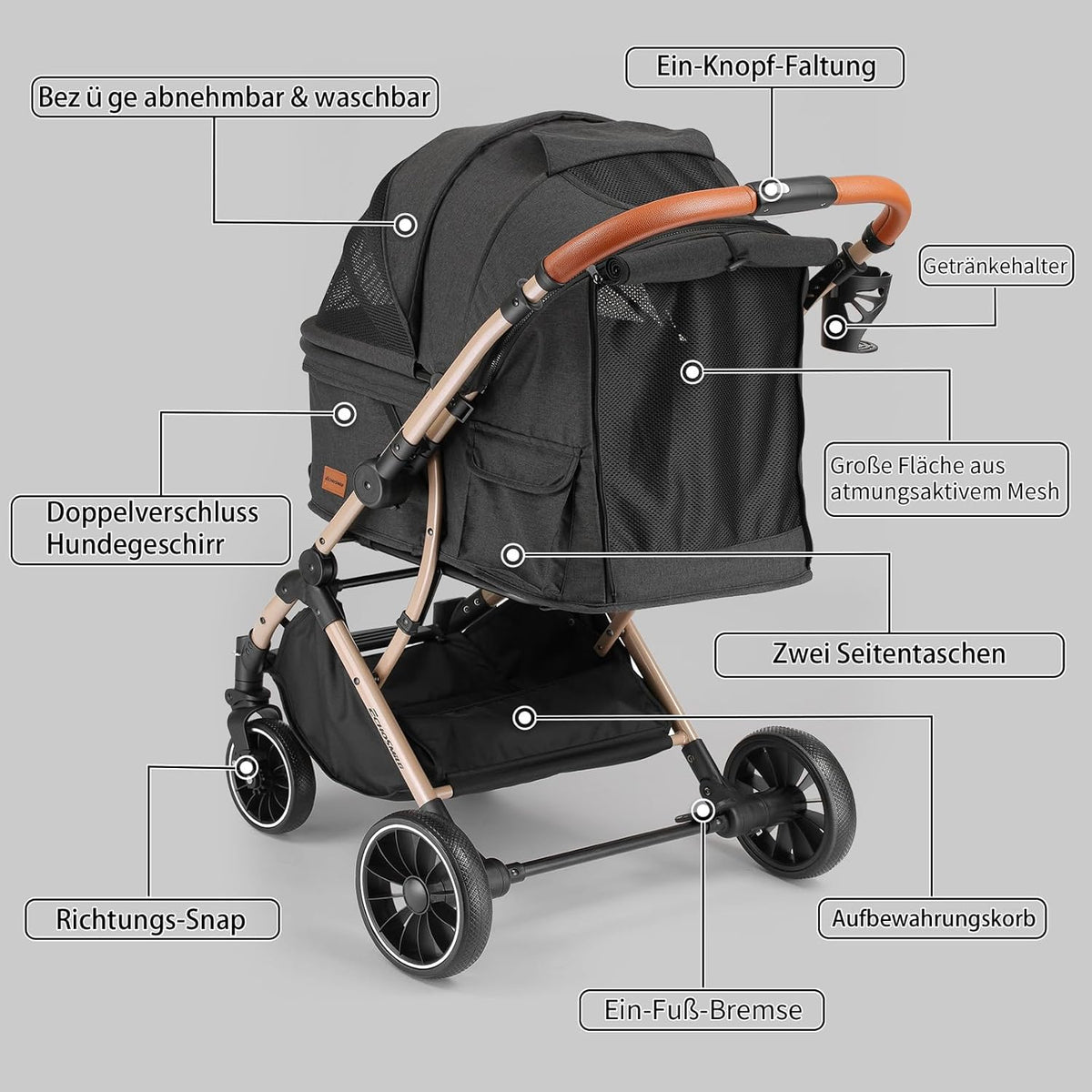 EchoSmile Opvouwbare hondenwagen, hondenbuggy tot 20 kg, voor kleine middelgrote honden en katten, hondenbuggy en kattenwagen met omkeerbare handgreep, schokdemping en afneembaar wasbaar kussen (zwart