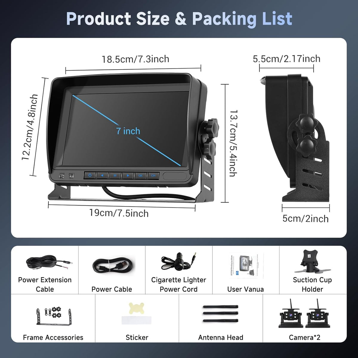Hodozzy Draadloze achteruitrijcamera met zonne-energie, 2 camera's, magnetische radio, 1080p nachtzicht, 7 inch waterdicht monitor, loopopname, auto cameraset voor camper