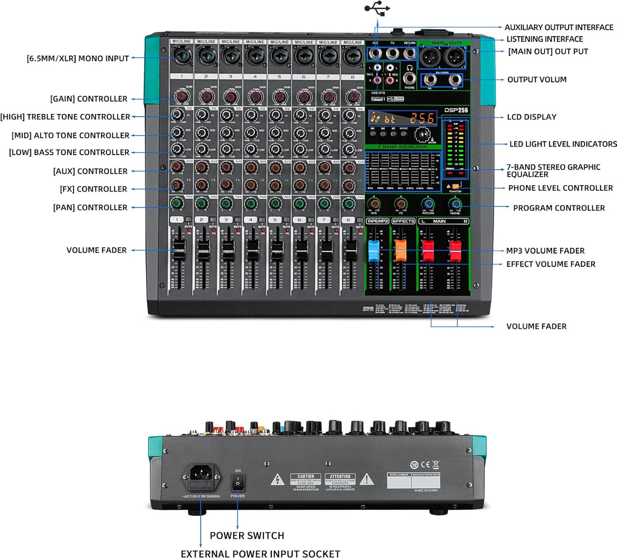 Professionele 8-Kanaals Audiomixer – Geluidsmixer – Mengpaneel – Mengtafel – DJ-Mixer – 259 DSP-Effecten – Bluetooth En USB-Speler