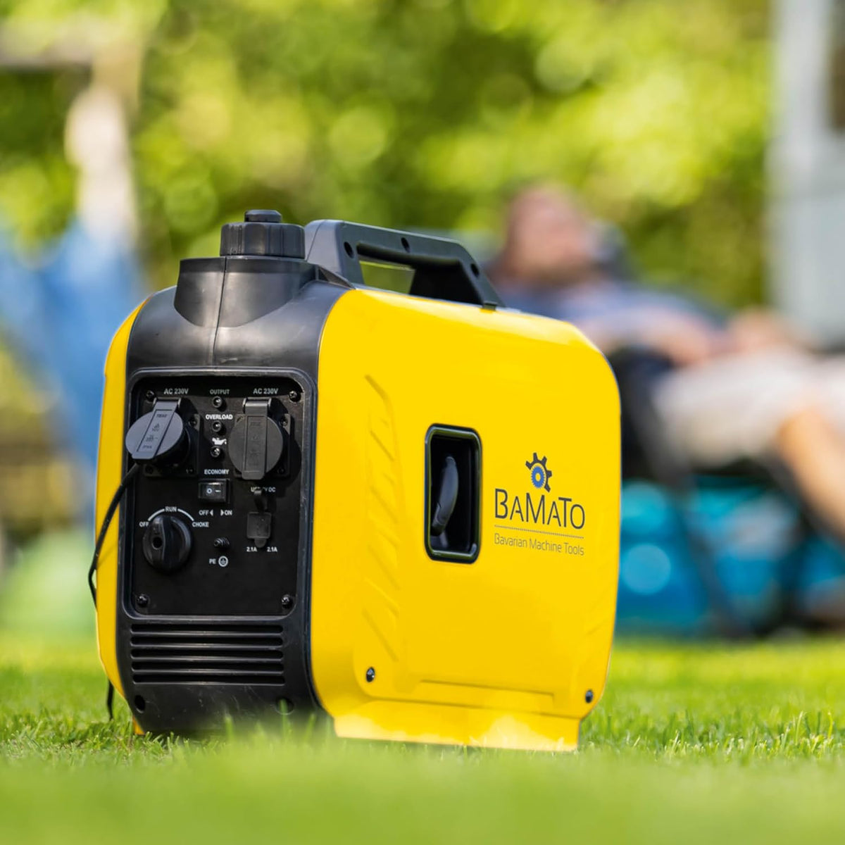 BAMATO BGE-2000I Inverter stroomgenerator | 2000 Watt | Inverter-technologie | 64,1 dB(A) | twee 230 V wisselstroomstopcontacten en twee 2,1 A snel ladende USB-poorten