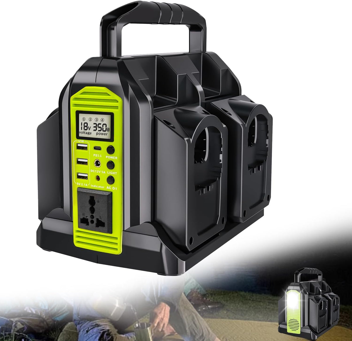 350W 4-poorts zuivere sinusomvormer, DC 18V naar 230V/240V AC-voeding, compatibel met Ryobi 18V lithiumbatterijen (batterij niet inbegrepen) | Draagbare draadloze omvormer voor buiten