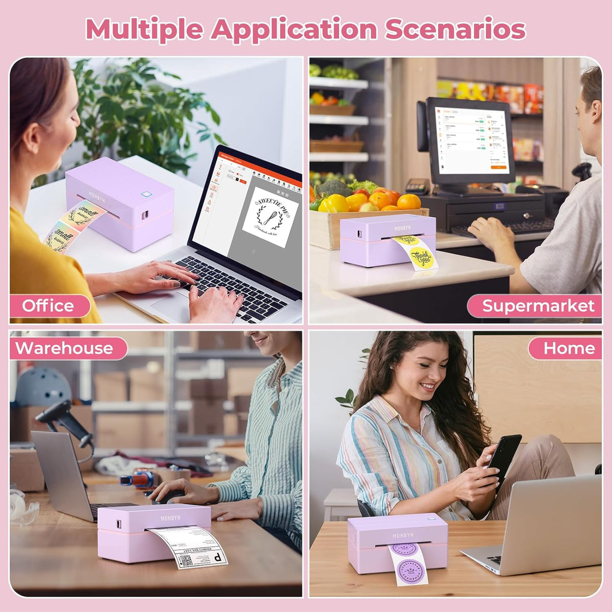 MUNBYN Labelprinter Bluetooth 4x6, Thermische Labelprinter, Ideaal voor kleine bedrijven en thuisgebruik, Compatibel met iOS, Android, Windows, Chromebook, DHL en UPS, Paars