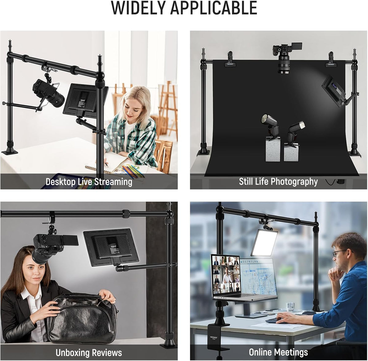 NEEWER NK002 Rig camerahouder met 2 kogelkopjes, Super Clamp/telefoonhouder, tafelhouder, multi-apparaathouder, platform, overhead-statief, instelbare hoogte, maximale belasting 12 kg