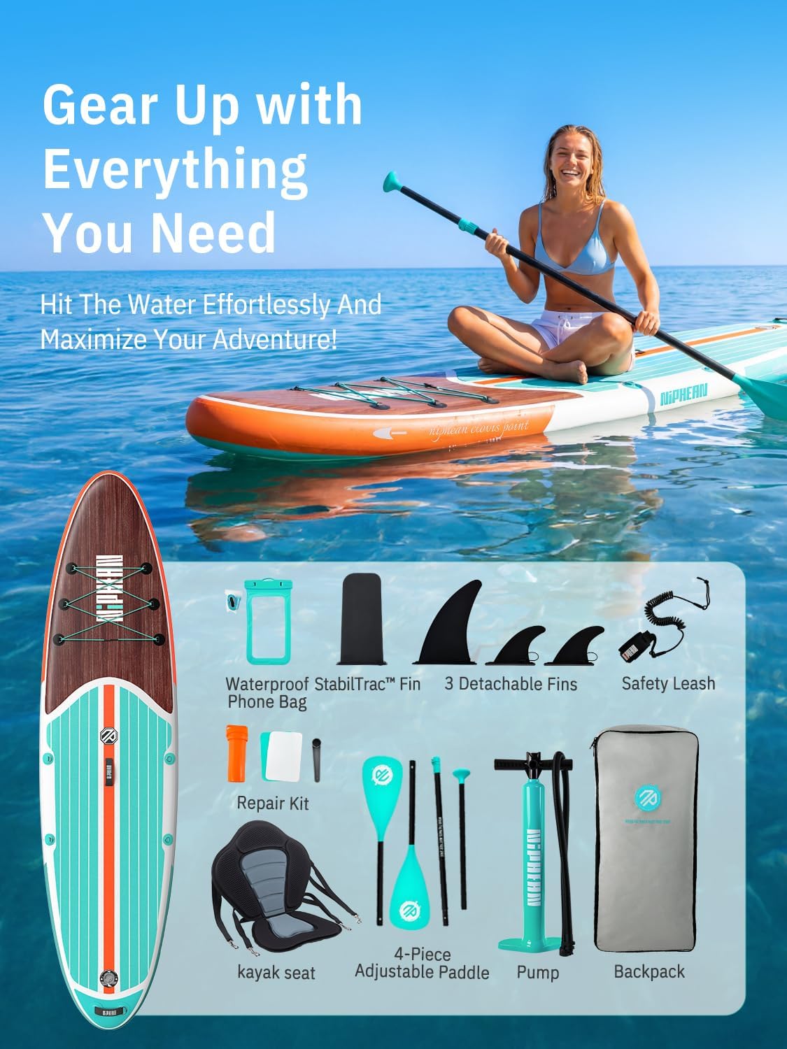Niphean Stand up paddleboard voor volwassenen met SUP-accessoires, 320 cm duurzaam, opblaasbaar peddelboards voor volwassenen van alle niveaus, supboard, stand-up paddleboard met zitting, peddelboard
