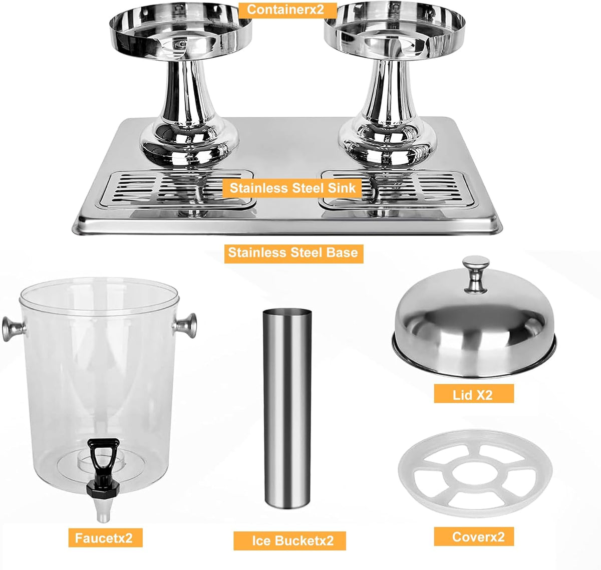 Drankdispenser, 4,4 gallon drankdispenser voor feestjes met ijskern en druppelkommen, roestvrij staal, dual catering, koude drankdispenser met standaard voor feestjes, bruiloft, hotelbuffet, banket