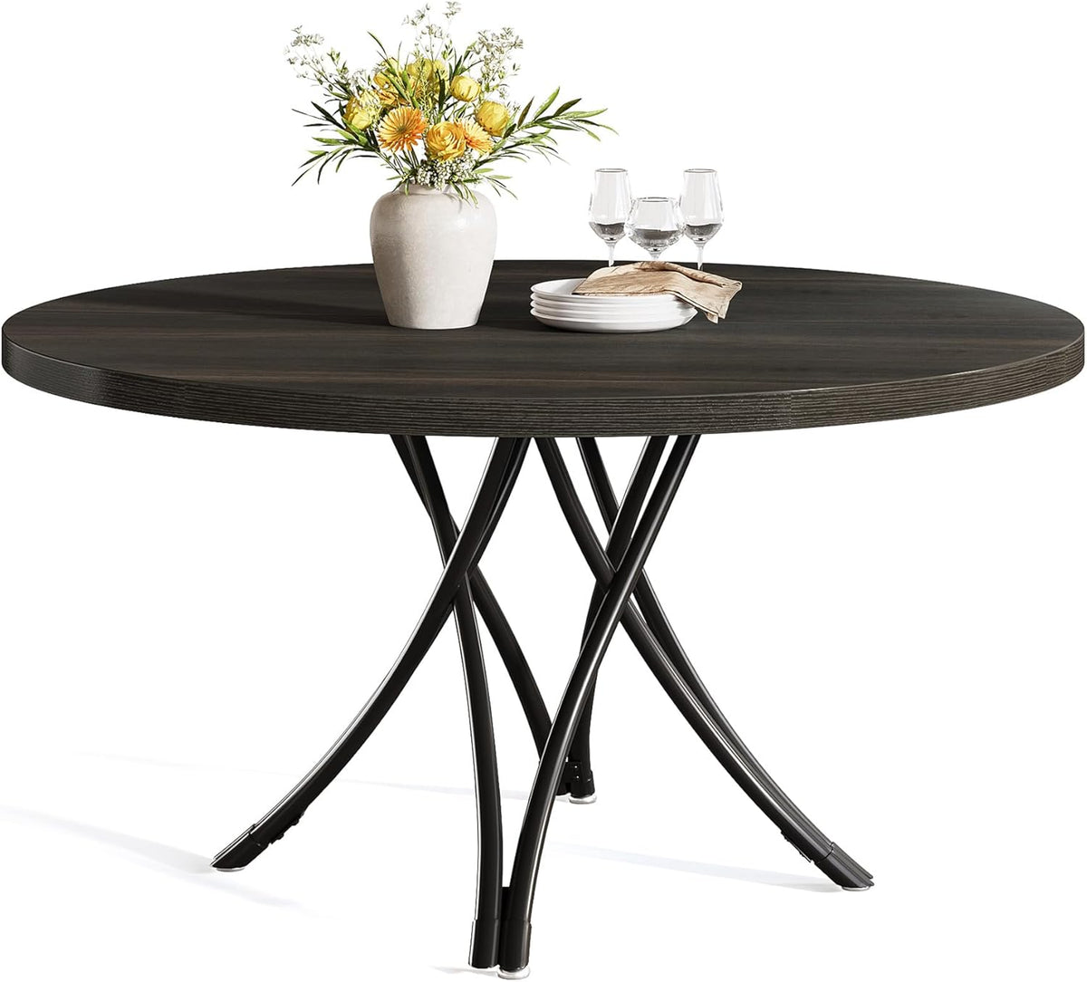 Tribesigns Round Dining Table for 4-6, 120cm Round Kitchen Table, Modern Wooden Small Dining Tables, with Sturdy Crossed Metal Legs for Kitchen Living Room, Dining Room (Black)