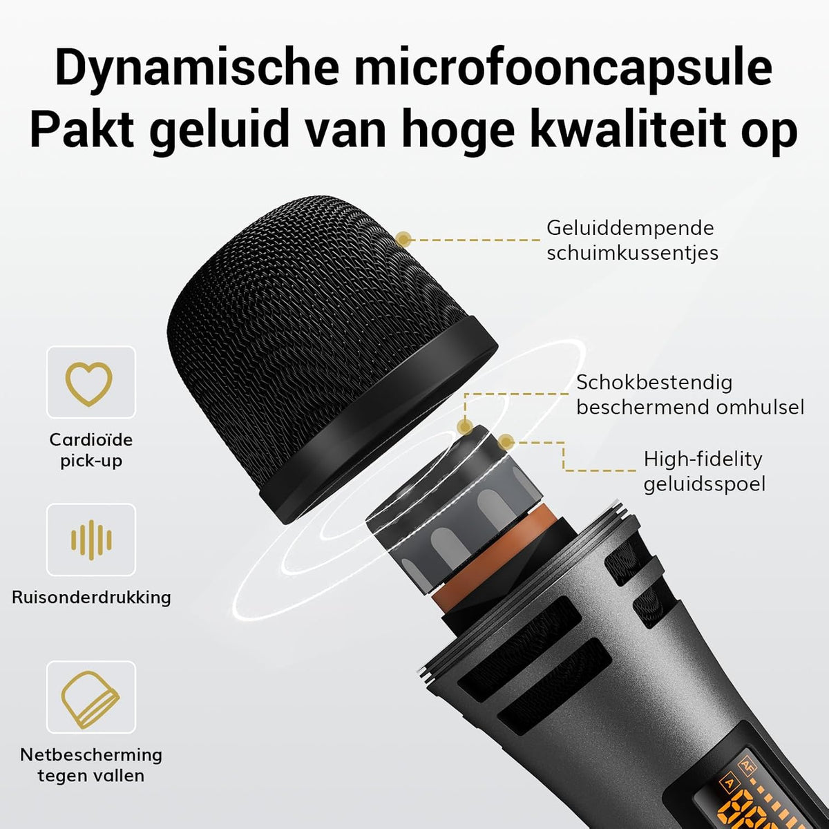 Draadloze Microfoonset – Handmicrofoon, Karaokemicrofoon, Zangmicrofoon, Dynamische Microfoon – 4x5 Kanalen – 60 Meter UHF Bereik