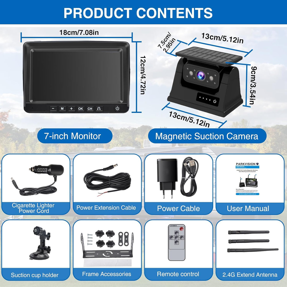 PARKVISION Draadloze Achteruitrijcamera Set 7 Inch - Magnetische Montage, 9600mAh Accu & Zonne-energie, 1080P met Nachtzicht en Opname