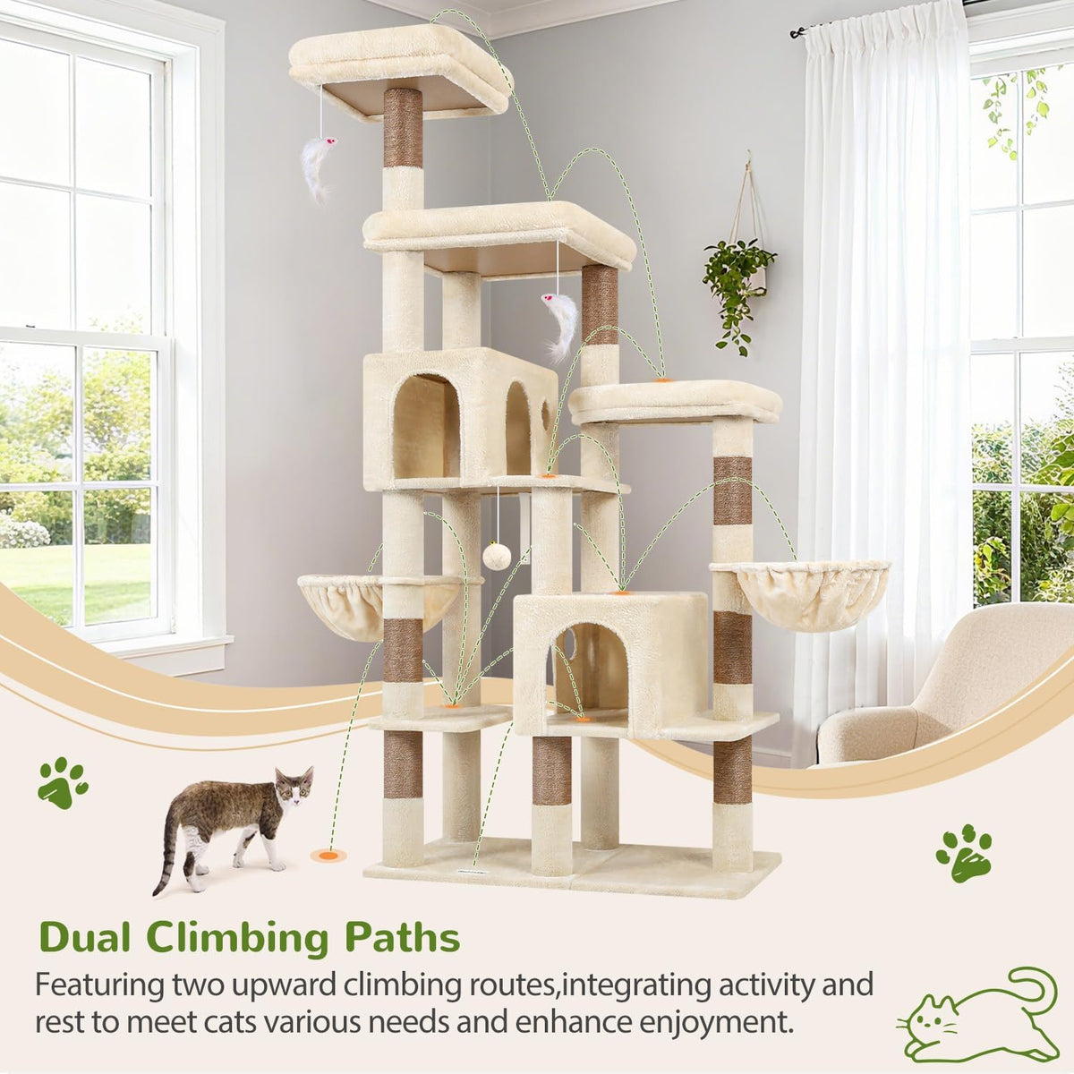 Kattenboom – Krabpaal – Kattenmeubel – Krabmeubel – Beige – Voor 3-5 Grote Katten – 2 Grote Kattenhuisjes 45x30 cm – 3 Ruime Platforms 45x45 cm
